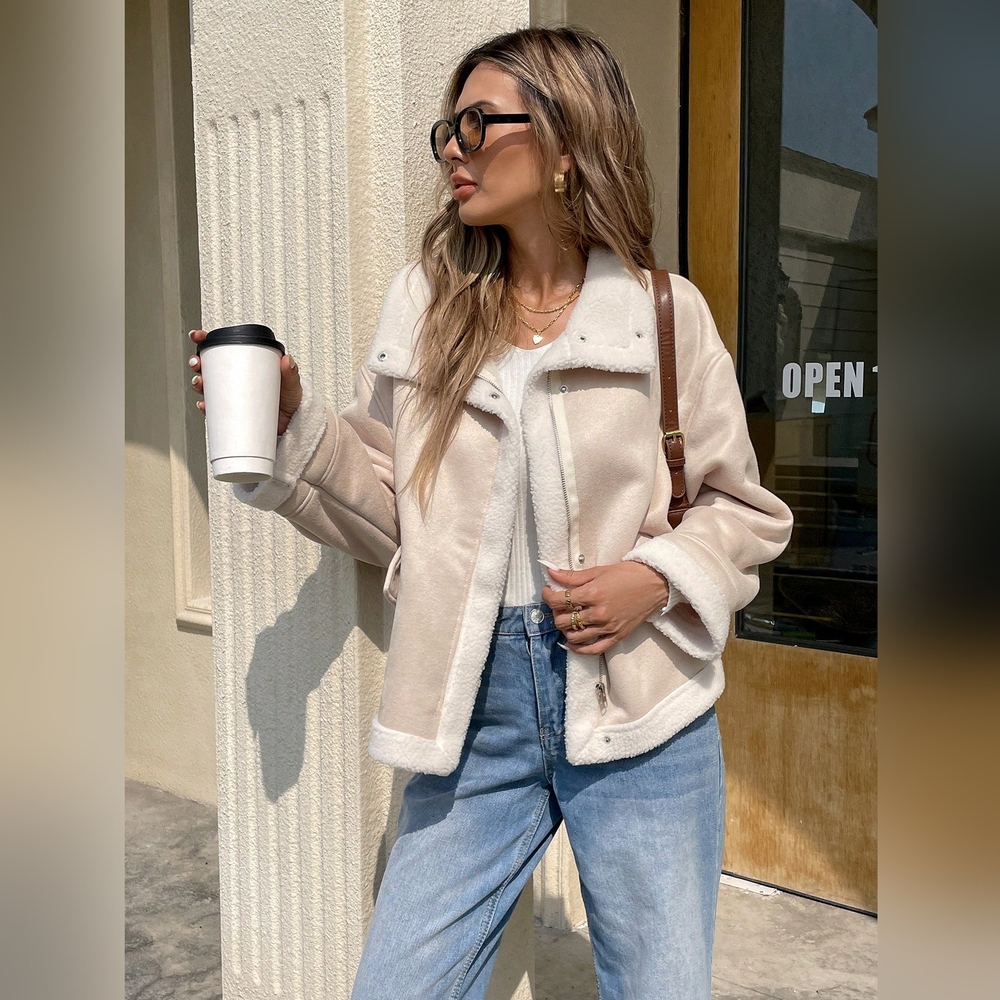 Winter Women Jacket Women's Loose Fit Zip-Up Collar Fleece Lined Casual Jacket F - Picture 4 of 6